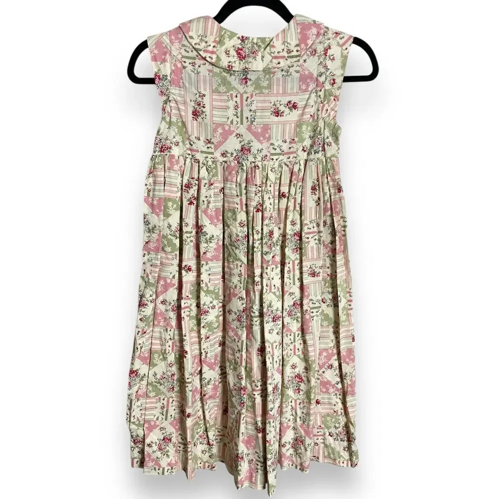 Vintage Shabby Chic Girls Floral Patchwork Print Sleeveless Dress Ivory Pink
